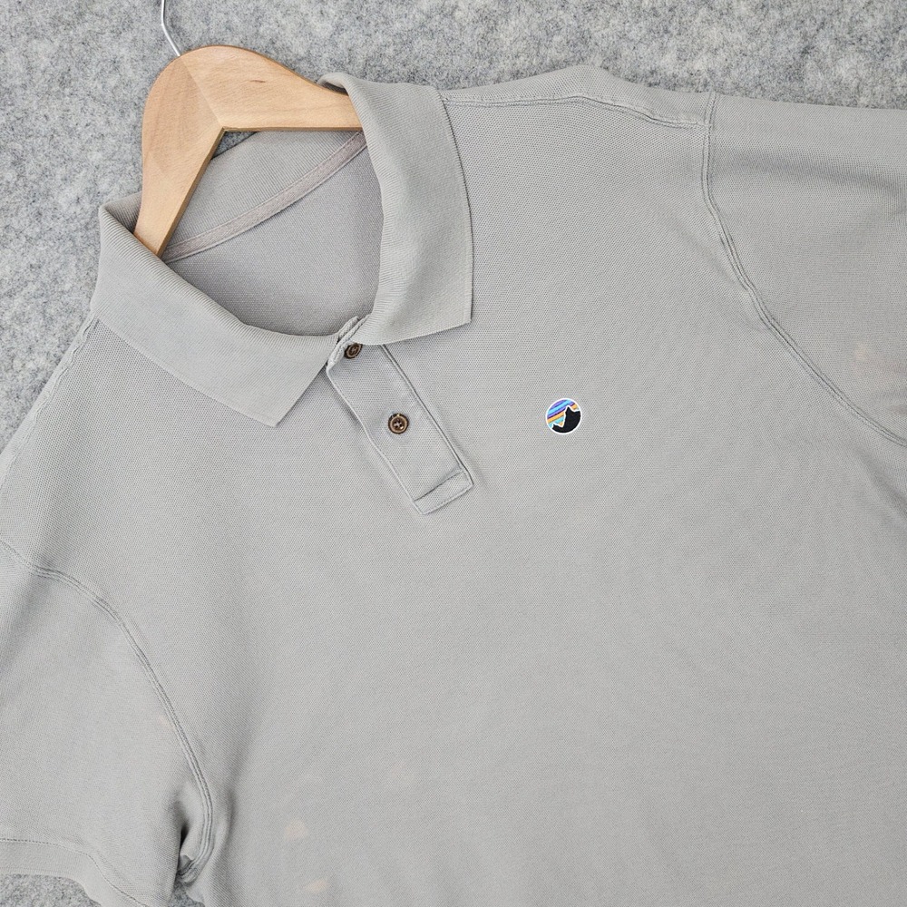 Patagonia Gray Polo Shirt Size XL Organic Cotton Fitz Roy Mountain Logo SPOTS